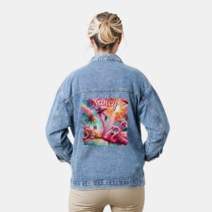 Veste En Jean Flamants roses roses tropicaux Palmiers Personnali