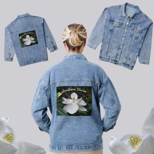 Veste En Jean Fleur Magnolia Blanche Charme Sud (Créateur téléchargé)