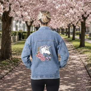 Veste En Jean Fleurs de licorne blanche enchantée rose noir