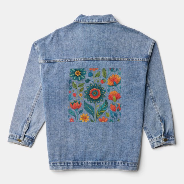 Veste En Jean Floral Kaleidoscope Garden - Vibrant Nature Art (Verso)