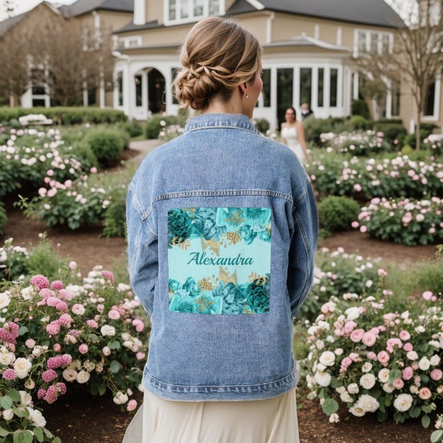 Veste En Jean Floral Turquoise et or (Mariage Retour)