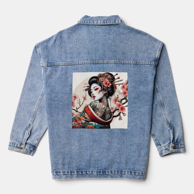Veste En Jean Geisha Portrait Denim Jacket | Floral Back Art (Verso)