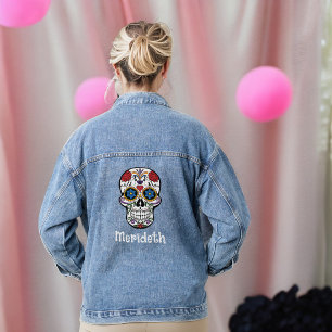 Veste En Jean Goth Sugar Skull Day avec nom et Rose
