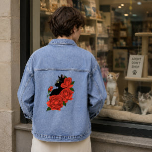 Veste En Jean Gothique Chat Noir Roses Rouges Violet