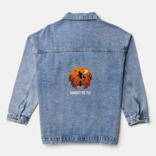 Veste En Jean Graphisme de sorcière d'Halloween volant la nuit_1