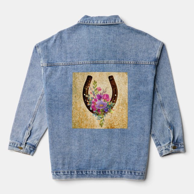 Veste En Jean Horseshoe Rustique Aquarelle Florale Bonne chance (Verso)
