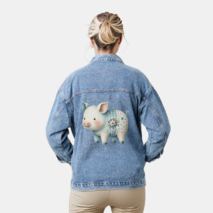 Veste En Jean Illustration Cottagecore de Cochon en Patchwork Bl