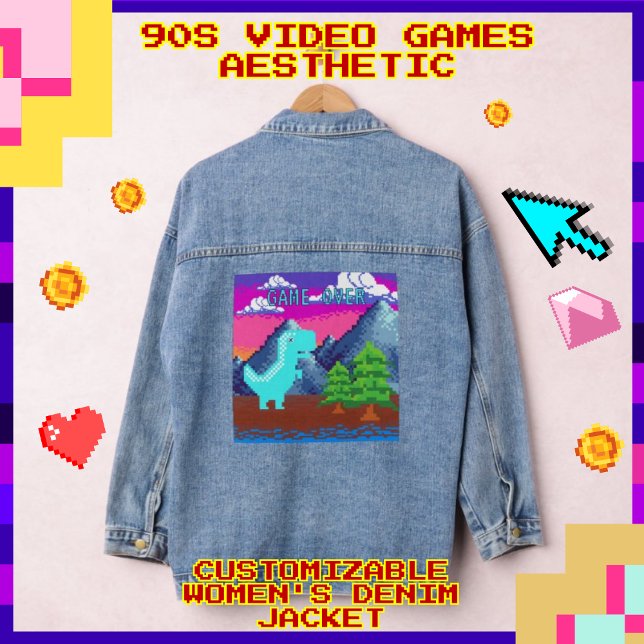 Veste En Jean Illustration de dinosaure pixelisée drôle pour jou (Funny Pixel Gamer Pixelated - Dinosaur Illustration Women's Denim Jacket (Jean Jacket);)