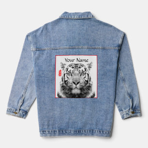 VESTE EN JEAN JEAN JACKET NOM PERSONNALISÉ TIGRE NOIR ET BLANC