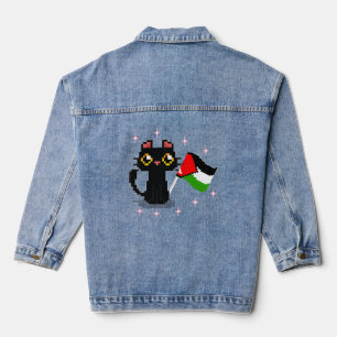 Veste En Jean joli chat noir tenant le drapeau de la Palestine