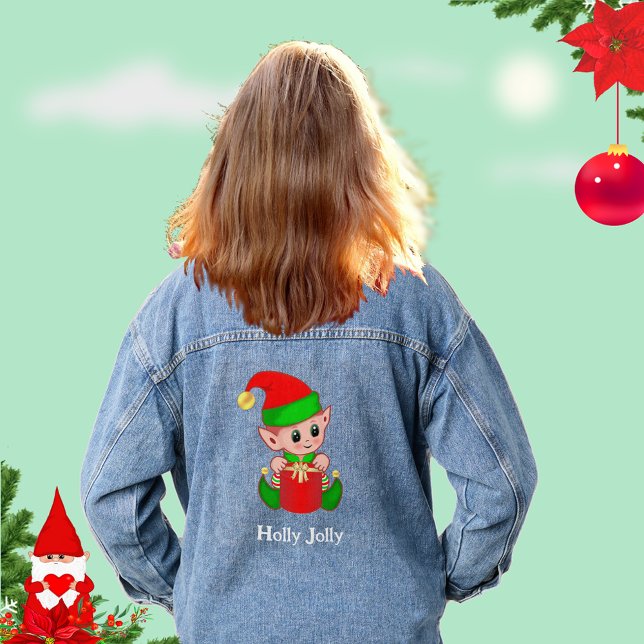 Veste En Jean Joli Elfe de Noël Vert Rouge  (Créateur téléchargé)