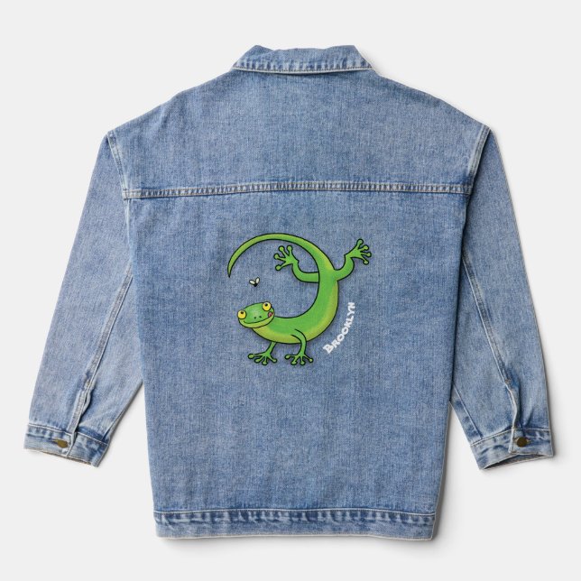Veste En Jean Joli gecko vert salutations avec dessin animé (Verso)