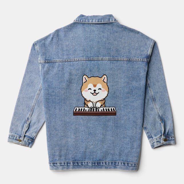 Veste En Jean Kawaii Chien mignon Jouer Piano Clavier (Verso)