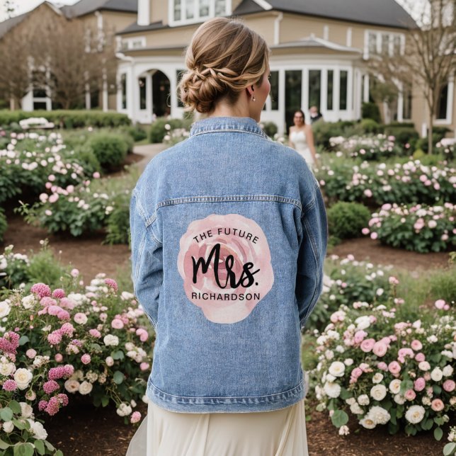Veste En Jean La future Mme Nom avec fleur aquarelle rose (Mariage Retour)