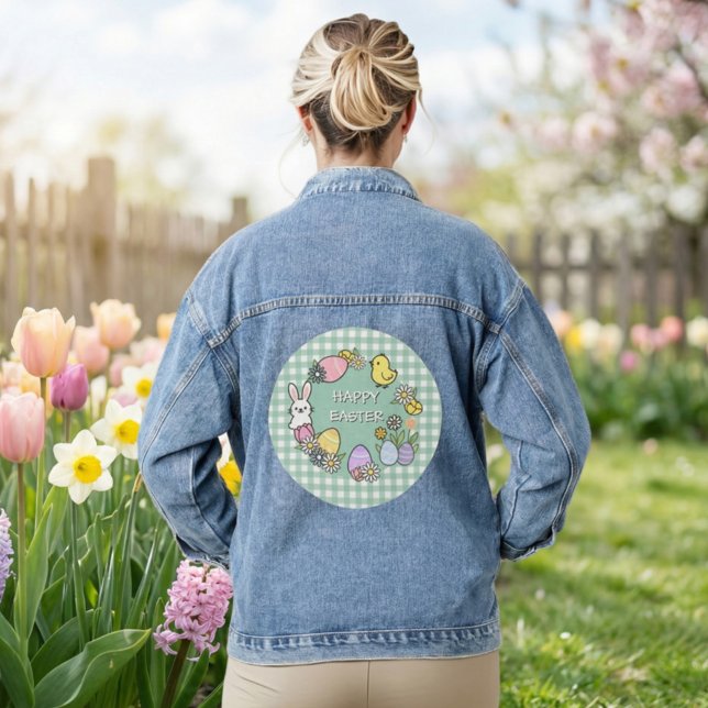 Veste En Jean Lapin de Pâques Œufs Poulet Gingham Vert (Créateur téléchargé)