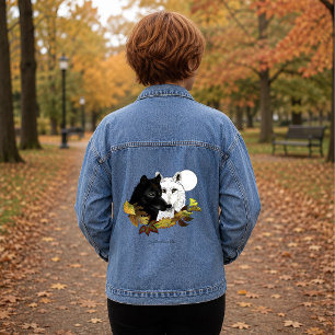 Veste En Jean Loups Blancs Noirs Clair de Lune Feuilles d'Automn
