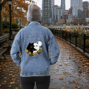 Veste En Jean Loups Blancs Noirs Clair de Lune Feuilles d'Automn