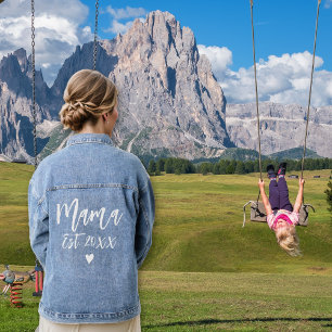 Veste En Jean Mama est. typographie blanche et coeur Fête des Mè