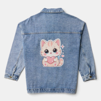 Veste En Jean Manteau pour femmes Kawaii Pastel Cat Heart Mignon