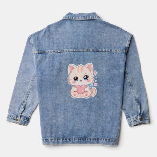 Veste En Jean Manteau pour femmes Kawaii Pastel Cat Heart Mignon