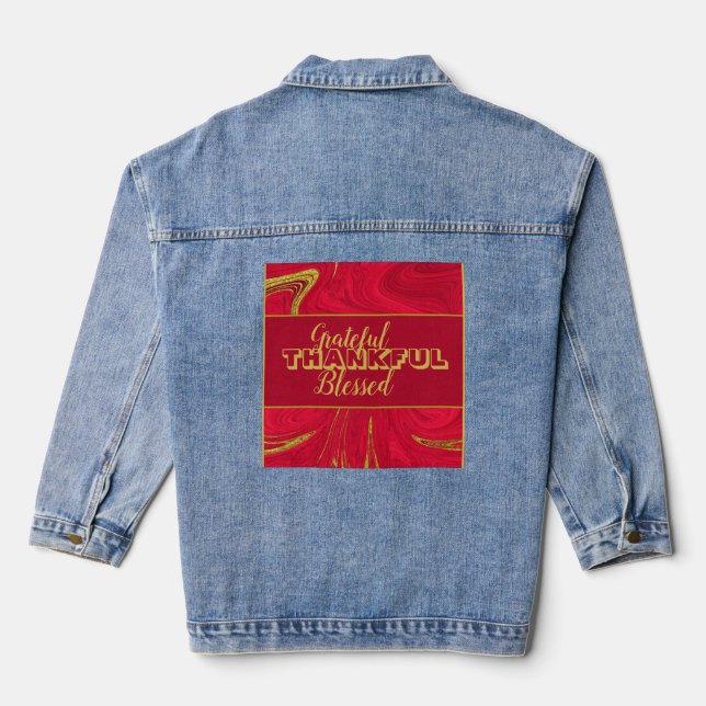 Veste En Jean Marbleisé "Grateful, Thankful, Blessé" Or Rouge (Verso)