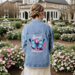 Veste En Jean Mariage de mariée papillon rose florale personnali<br><div class="desc">Bride Mariage Aquarelle Bleu Papillon rose Floral Personnalisé Denim Jackets présente le texte "Mariée" et votre nom personnalisé dans le script moderne de typographie blanche accentué d'un papillon bleu et de fleurs rose et orange. Parfait comme cadeau pour elle pour l'anniversaire, Noël, Fête des Mères, douche nuptiale, soirée bachelorette et...</div>