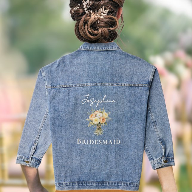 Veste En Jean Mariage Floral Rustique (A denim jacket especially for a bridesmaid, with peach, yellow and white roses and customizable name)