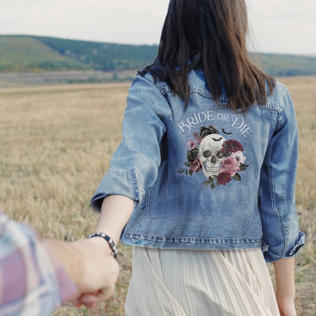 Veste En Jean Marie ou Die Crâne Floral Chic Gothique Enterremen (Bride or Die Floral Skull Chic Gothic Bachelorette Denim Jacket)