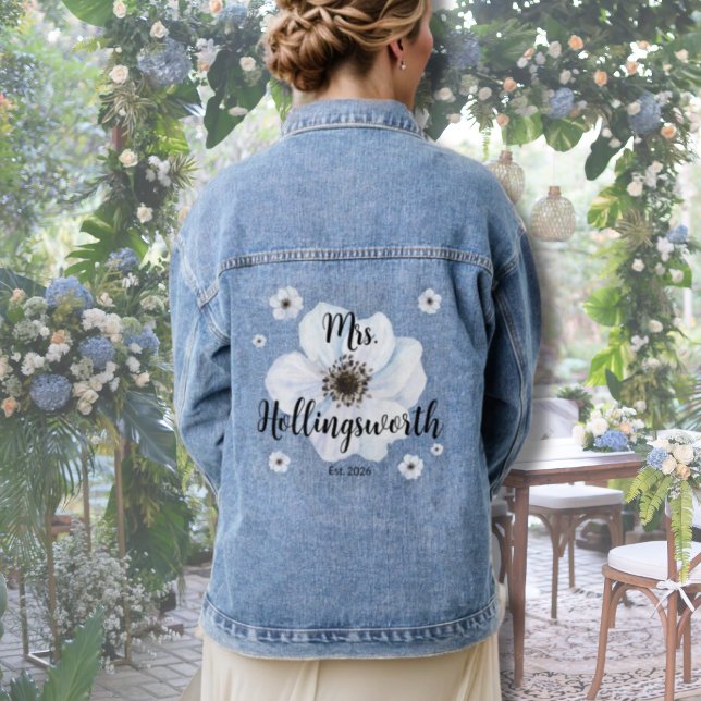 Veste En Jean Mariée de mariage script (Watercolor Floral Bride Denim Jacket)