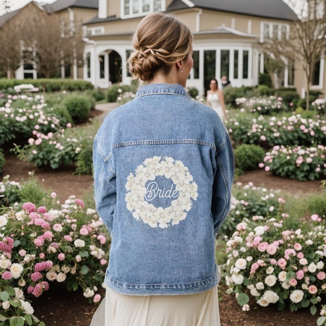 Veste En Jean Mariée Élégant Script Mariage Floral Blanc (Mariage Retour)