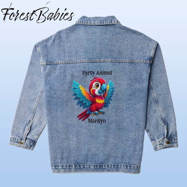 Veste En Jean Mignonne animal de fête tropical bébé perroquet ma (Macaw, Blue Denim ForestBabies Jacket - Back)