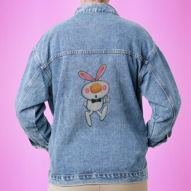 Veste En Jean Mignonne lapin blanc oreilles roses pouces vers le (Fun white thumbs up bunny rabbit orange nose black bow tie on denim jacket.)