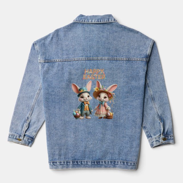 Veste En Jean Mignonne, Whimsical Joyeuse Pâques avec 2 lapins (Verso)