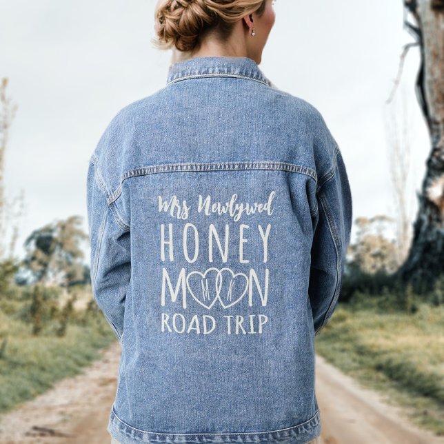 Veste En Jean Mme Newlysée Lune de miel Voyage de route femmes (Start your honeymoon road trip in style with this denim jacket. Just add your name and initials)