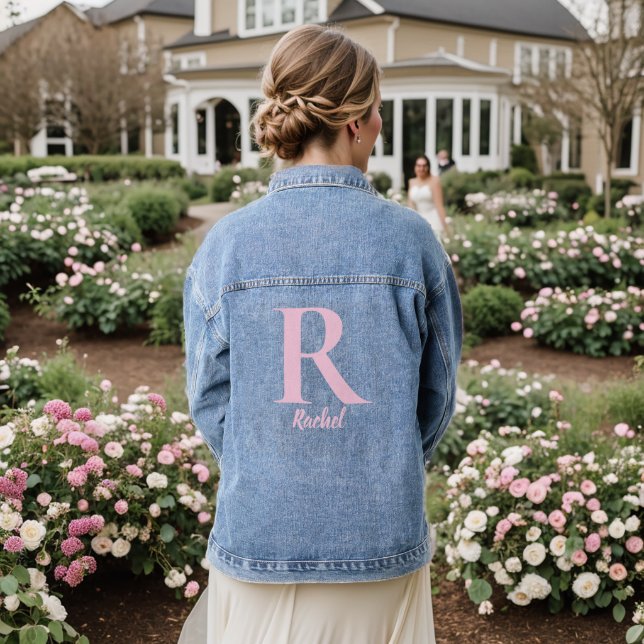 Veste En Jean Nom du monogramme personnalisé rose moderne Script (Mariage Retour)