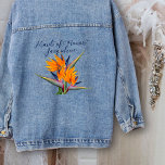 Veste En Jean Oiseau du Paradis Maid of Honor Hawaiian Flowers<br><div class="desc">Maid of Honor denim jacket avec orange, oiseau de paradis fleurs design. L'expression et l'image de fleurs exotiques est à l'arrière, avec un endroit pour inclure son nom, ou supprimer ce modèle de texte. Le titre contient des glyphes qui seront supprimés si le texte est modifié. Rechargez la page pour...</div>