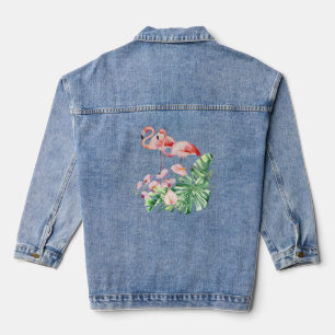 Veste En Jean Oiseaux de Flamant rose, Fleurs tropicales et Feui
