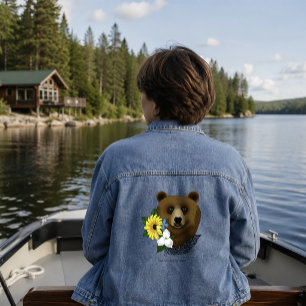 Veste En Jean Ours Brun Fleurs Bleues Plume Faune