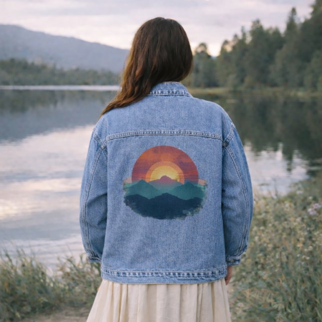 Veste En Jean Painted Retro Mountain Sunset Art - Nature Jean (Créateur téléchargé)