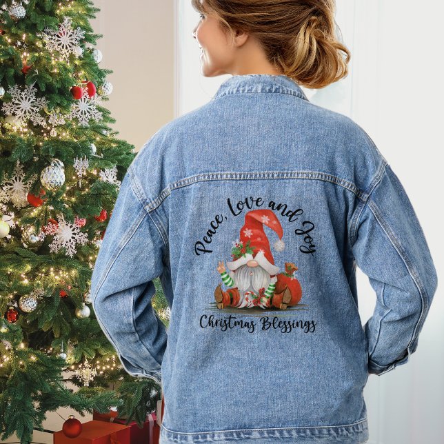 Veste En Jean Paix, Amour & Joie, Blessures de Noël Gnome mignon (Peace, Love & Joy, Cute Gnome Christmas Blessings Denim Jacket)