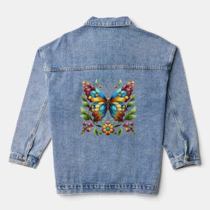 Veste En Jean Papillon en vitrail coloré avec fleurs
