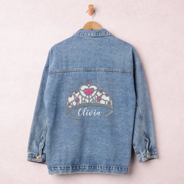 Veste En Jean Pink Heart Princess Tiara Couronne Personnalisée F (Hangar)