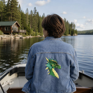 Veste En Jean Portrait de tête de dragon vert émeraude Fantastiq
