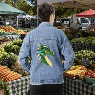 Veste En Jean Portrait de tête de dragon vert émeraude Fantastiq