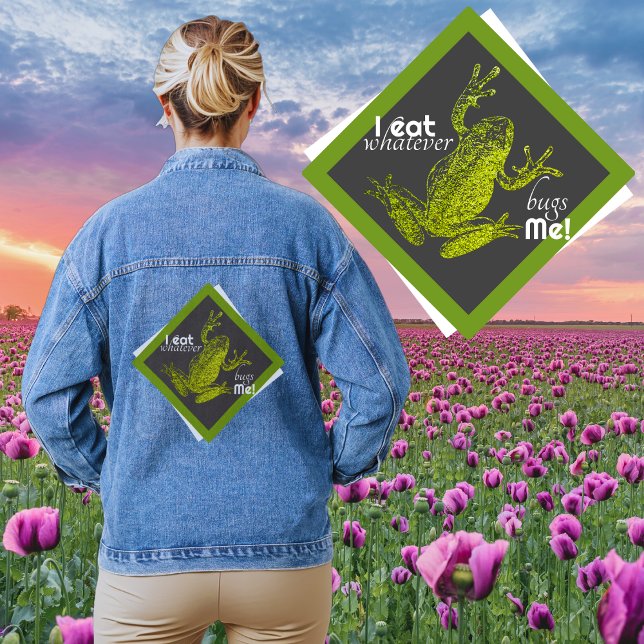Veste en jean positive Grenouille (Woman with a denim jacket. Decoration: a frog silhouette in a diamond frame. I eat whatever bugs me)