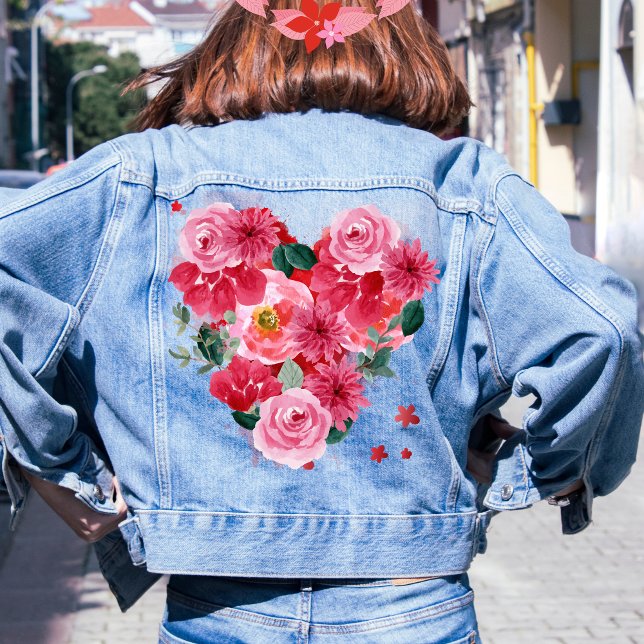 Veste En Jean Red Heart Love rose Floral Valentines jour Femmes (Créateur téléchargé)