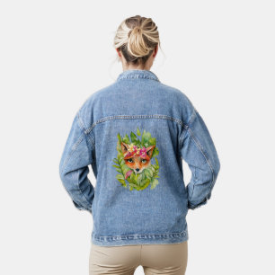 Veste En Jean Renard aquarelle Fleurs et feuilles vertes