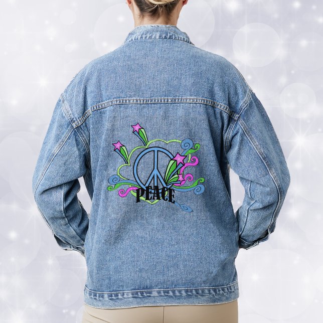 Veste En Jean Résumé Design Peace Sign Scrolls Rose Stars (Abstract blue peace sign surrounded by colourful scrolls and pin shooting stars on denim jacket.)