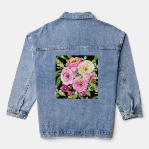 Veste En Jean Roses aquarelles en rose et crème sur fond noir
