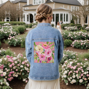 Veste En Jean Roses aquarelles roses et crème sur fond pailleté